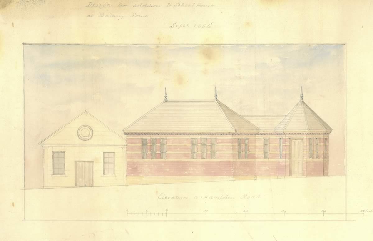 The elevation of the Battery Point Community Hall 1866