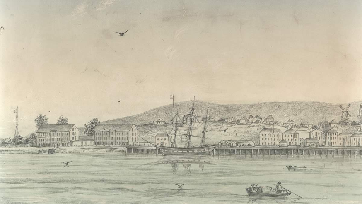 The New Wharf and Battery Point c1856