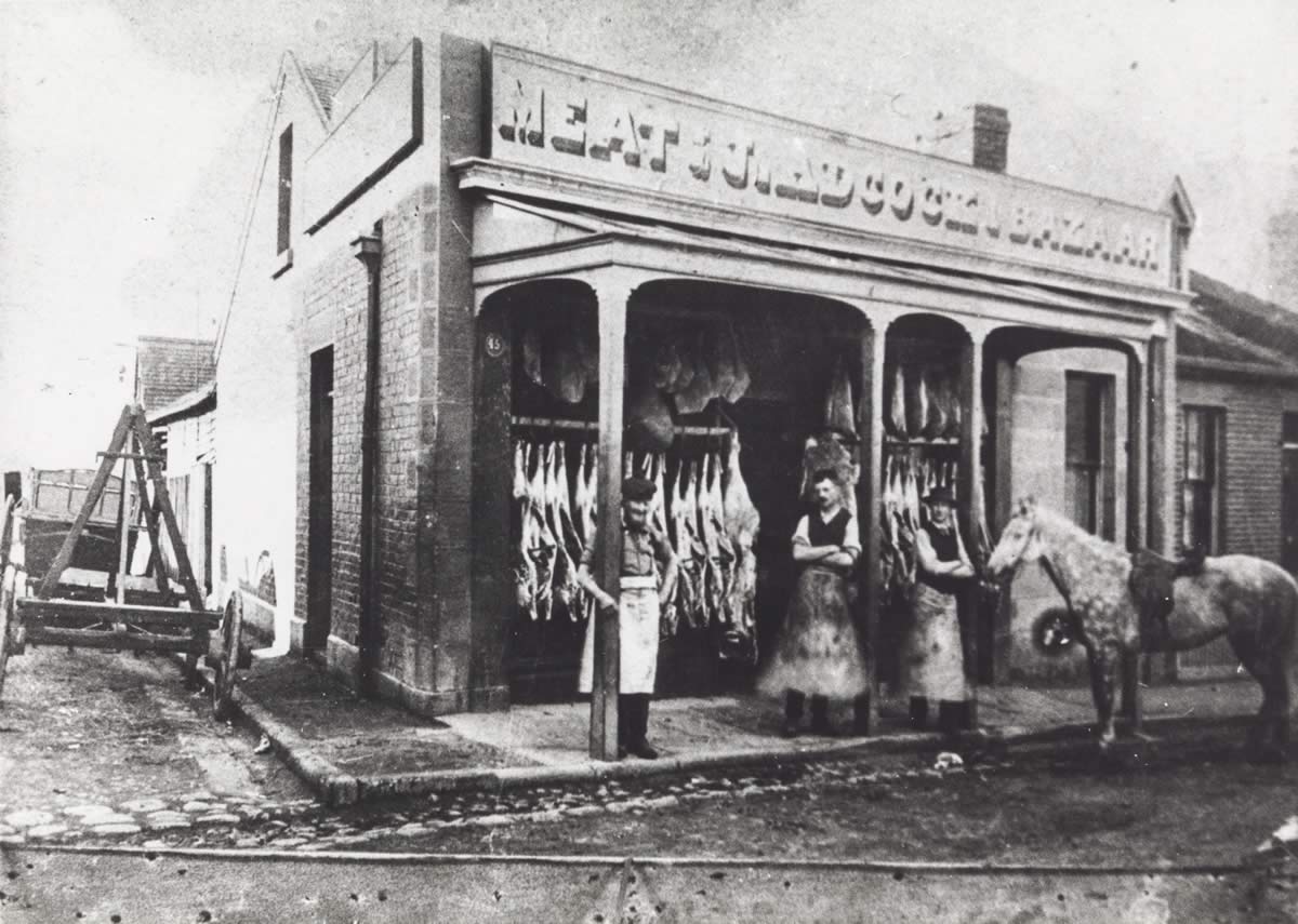 Adcock’s Meat Bazaar at the corner of South Street and Hampden Road c1900