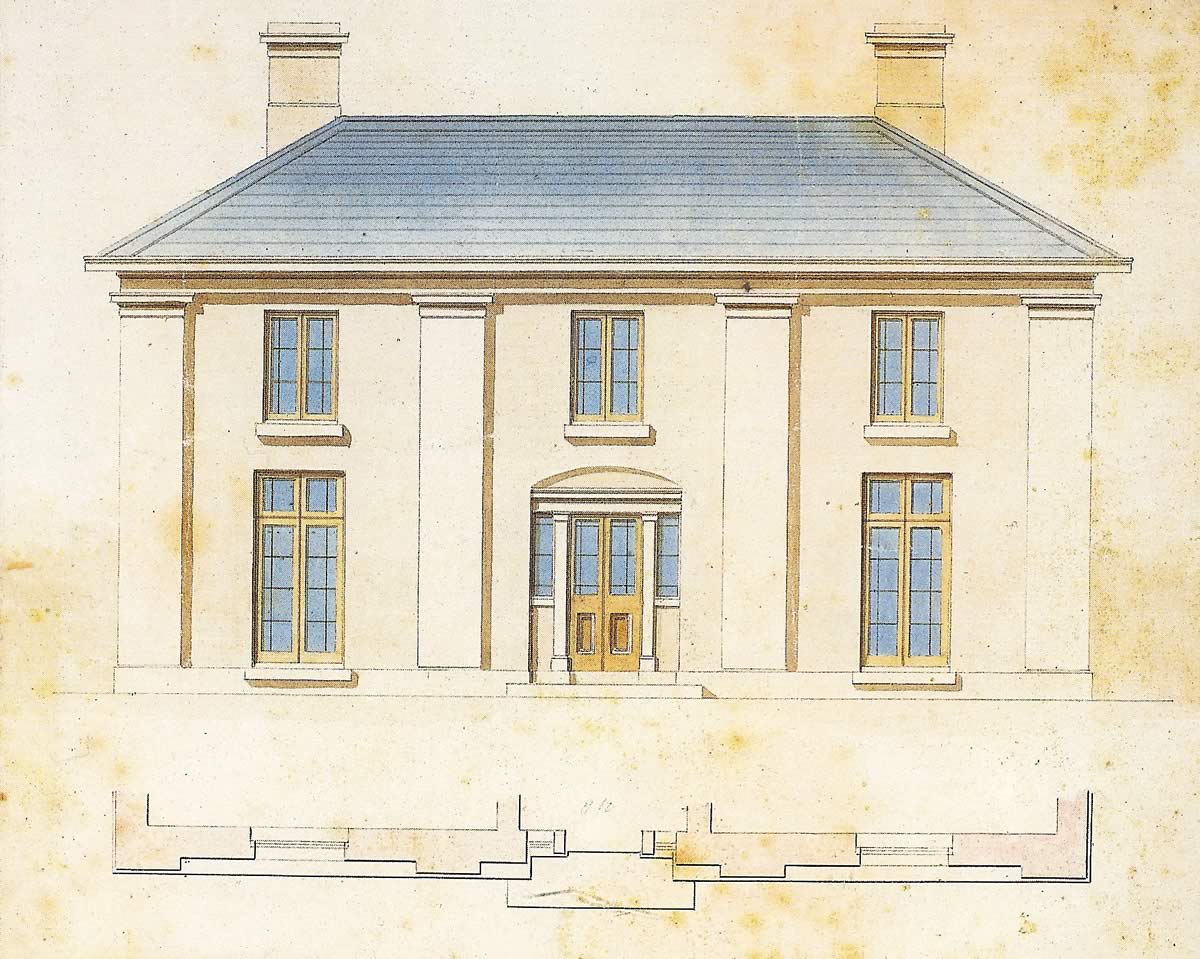Drawing of the front elevation of Narryna by architect Edward Winch 1835