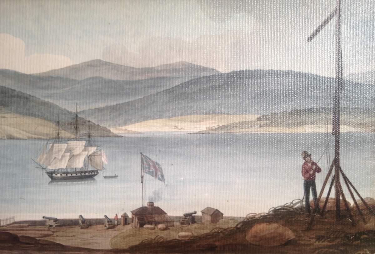 Mulgrave Battery 1827 Panel 5 of 6 from Panorama of Hobart by Augustas Earle c1827